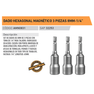 DADO HEXAGONAL MAGNETICO 3 PZ 8MM-1/4 PULG AMN0831