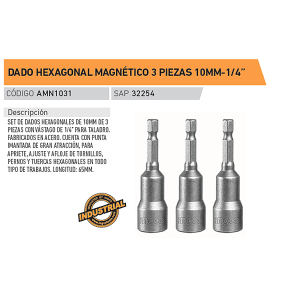 DADO HEXAGONAL MAGNETICO 3 PZ 10MM-1/4PULG AMN1031