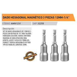 DADO HEXAGONAL MAGNETICO 3 PZ 12MM - 1/4PULG AMN1231