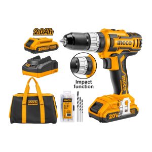 TALADRO ATORNILLADOR C/PERCUTOR INGCO INALAMBRICO 20V - 2 BAT.Y CARGADOR C/BOLSO CIDLI2002