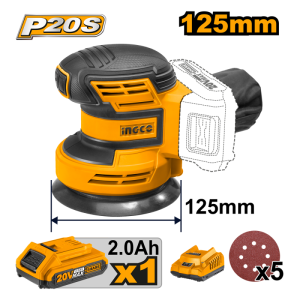 LIJADORA INGCO ROTO-ORBITAL INALAMB. 20V C/BATERIA Y CARGADOR 125MM #CROSLI20011 (C)