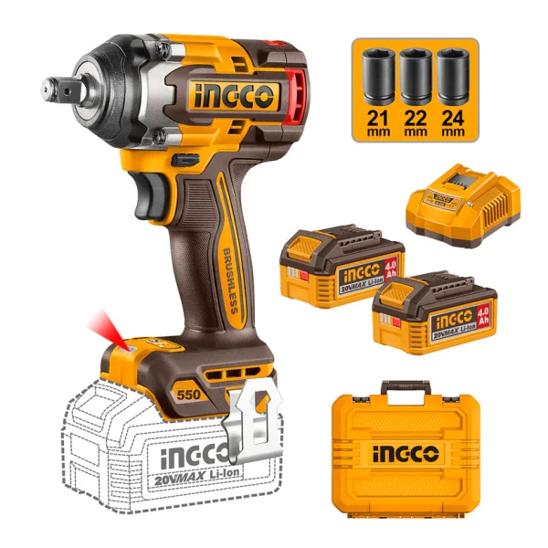 PISTOLA DE IMPACTO 2BAT CARG. 1/2"DR 550NM INGCO CIWLI2055